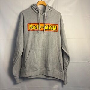 Pac-Man Graphic Hoodie Mens Large Heather Grey Retro Video Game Sweatshirt NWT